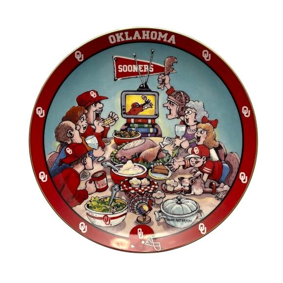 OU OKLAHOMA FOOTBALL FEAST Porcelain COLLECTOR PLATE Gary Patterson 8" DANBURY - Picture 1 of 3